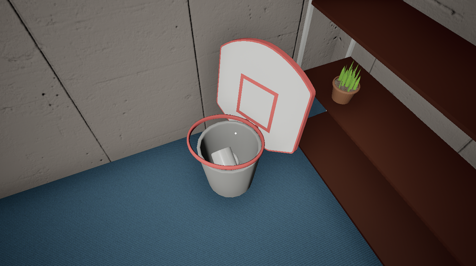 A mug in a trash bin with a basket ball hoop in our game.