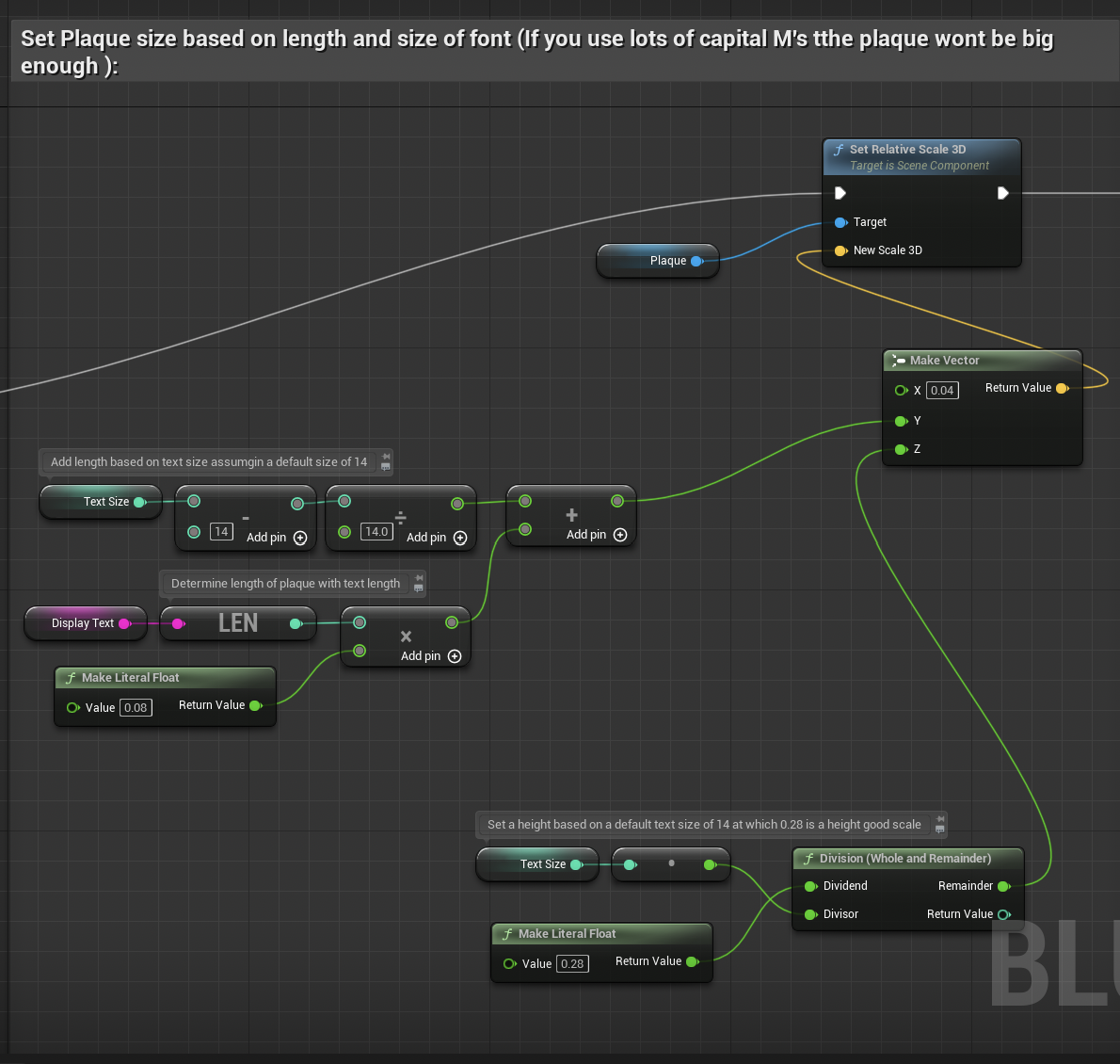 Blueprint's visual scripting language in action: I show off a tangle of code which is desperately trying to make a sign.