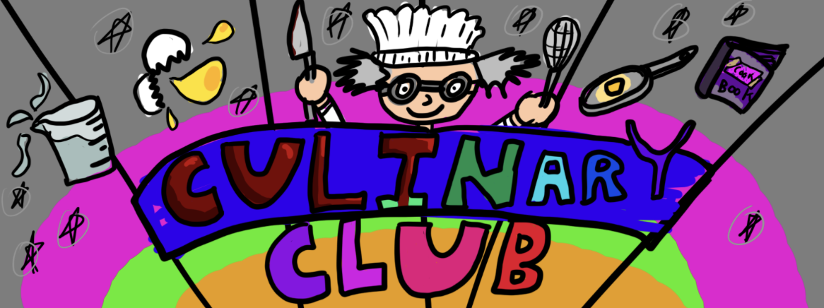 A mad scientist smiles over the 'Culinary Club' banner. He has a whisk. And a knife.